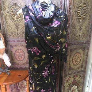 Ladies black with lavender flowers beaded blended silk cocktail dress
